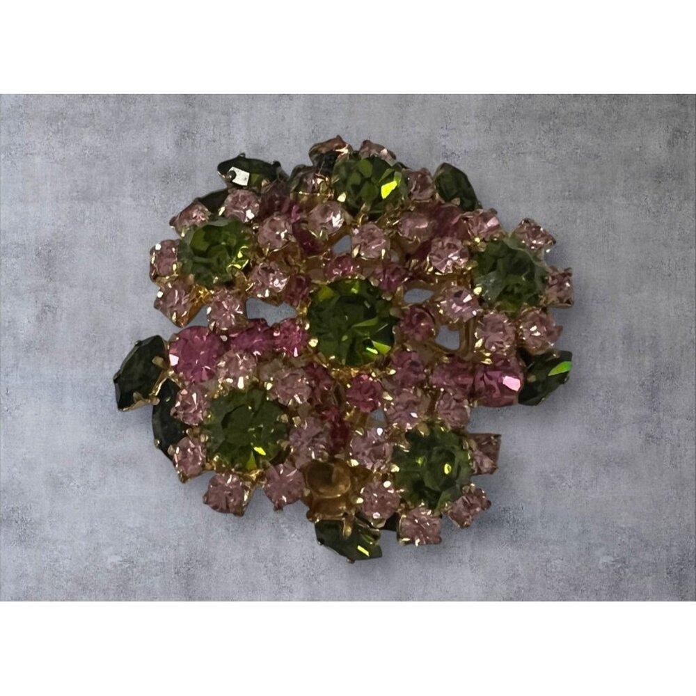 Austria Crystal Rhinestone Brooch Pink Green Cluster Vintage READ